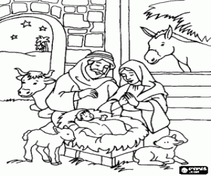 για ζωγραφική Η Αγία Οικογένεια με το βρέφος Ιησού στο σταύλο με το βόδι και το μουλάρι